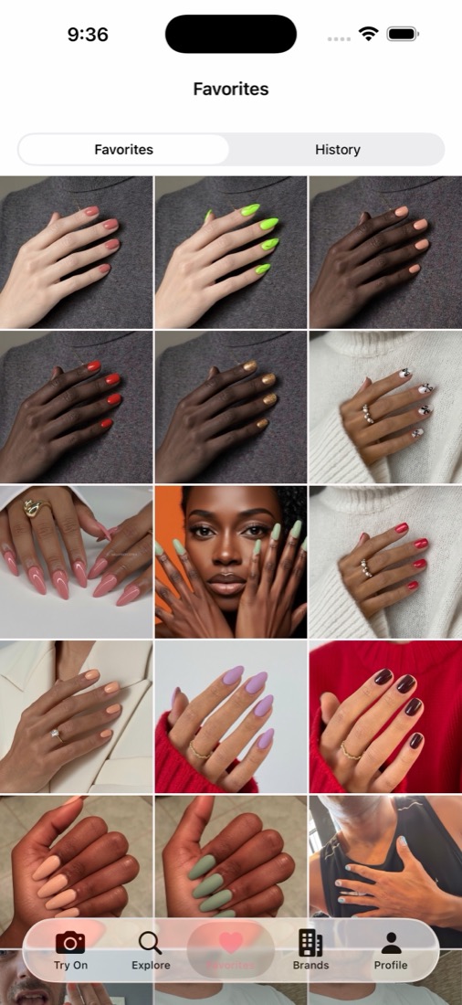 The Cutie Nails Favorites tab, a grid of saved try-on results across a range of skin tones in coral, green, orange, red, gold glitter, sage, lilac and burgundy shades.