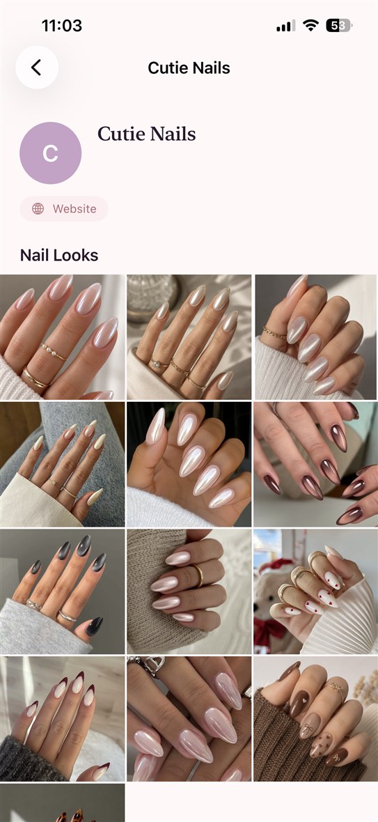 A Cutie Nails salon profile page showing the salon's name, a Website button, and a grid of nail looks they've posted.